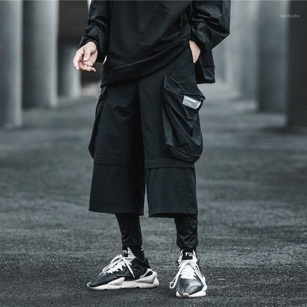 

big pockets fake two pieces hip hop japanese tooling loose casual techwear pants for men pencil cargo autumn trousers bottoms1, Black
