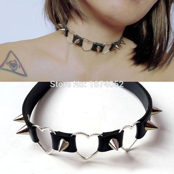 

chains punk harajuku gothic handmade 3 heart metal leather choker collar necklace chaplet studded spikes, Silver
