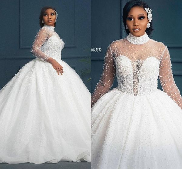 

african bride gowns 2022 arabic dubai luxury sequin bridal wedding dresses pearls illusion high neck new robe de mariee, White