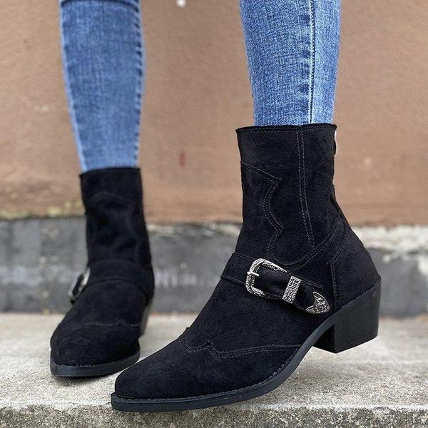 

women ankle boots mid heels matte pu leather autumn warm pointed toe shoes plus size short booties woman mujer zapatos d2132, Black