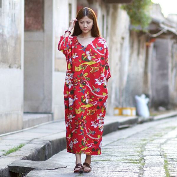 

summer autumn in casual long sleeve floral print with loose branches linen maxi dress