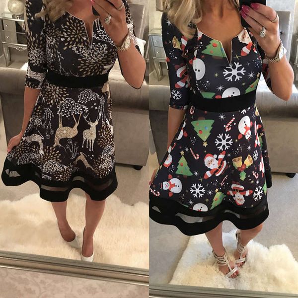 

christmas 2020 spring and autumn fashion print v-neck mid sleeve dress 100266, Black;gray