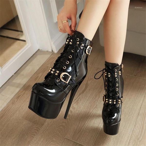 

pxelena 34-45 rivet buckle women nightclub party pole dance ankle boots platform super high heels 15cm shoes patent leather1, Black