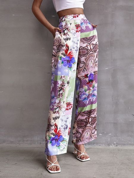 

floral print wide leg pants s9tp#, Black;white