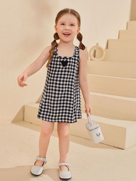 

toddler girls gingham print heart embroidery dress she, Red;yellow