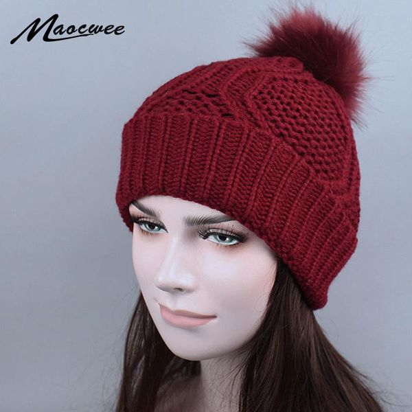 

beanie/skull caps autumn winter beanies hat woman knitted skullies casual cap with faux raccoon fur pompom solid colors ski gorros 2021, Blue;gray