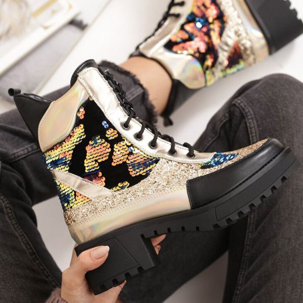 

female fashions 22020 platform sequins autumn square heels winter shoes leisure ankle cool street boots l5uq, Black