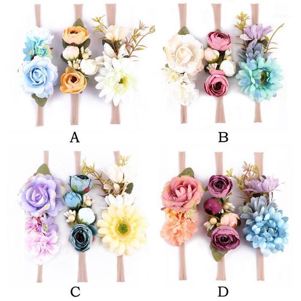 

3pcs/set fashion kids floral headband bohemian style rose flower crown nylon hairbands beach hair accessories1, Slivery;white