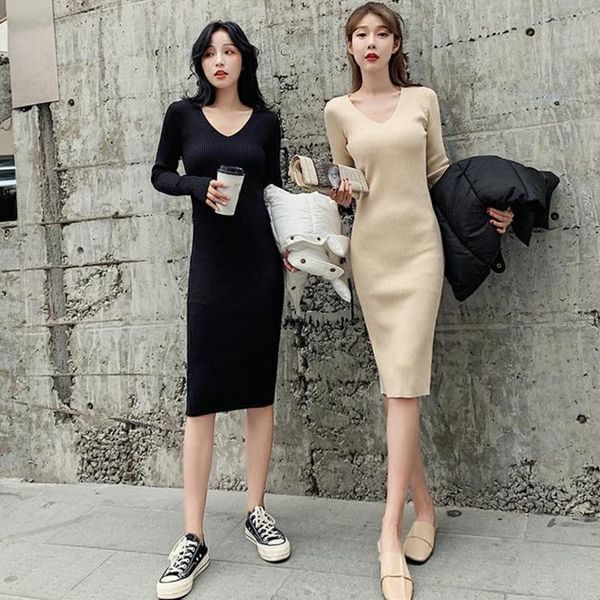 

casual dresses v-neck buttock wrapped knitted dress women autumn solid sheath sweater knee-length bodycon long female, Black;gray