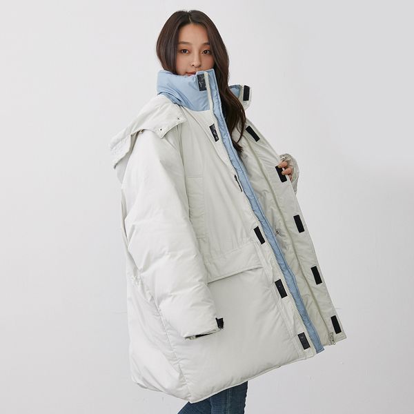 

yaya white duck down jacket with detachable hat women's medium length new loose thick warm down coat wear on both sides 201203, Black