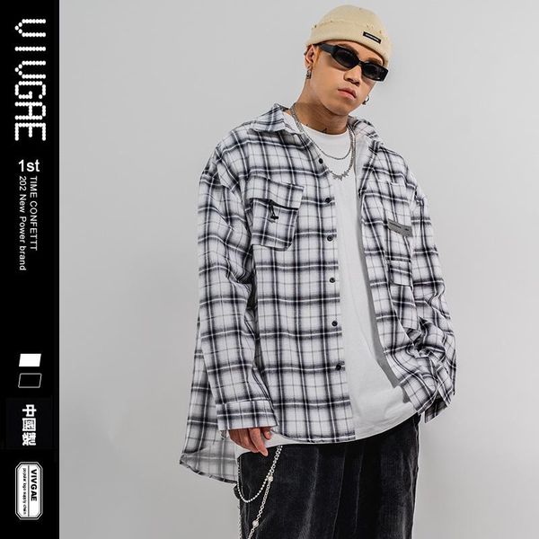 

men's long-sleeve plaid shirt japanese-style retro trend loose pocket students casual autumn shirt male, White;black