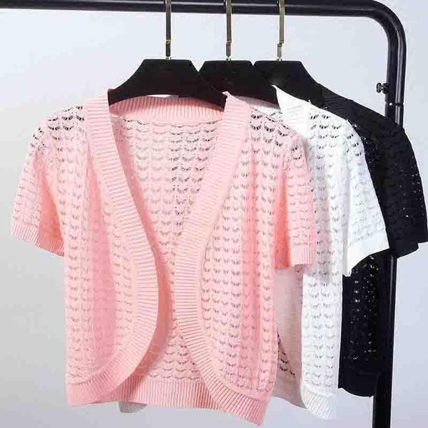 

women's knits & tees est knitted cardigan women 2021 summer short sleeve hollow out small shawl thin coat sweater female pull femme1, White