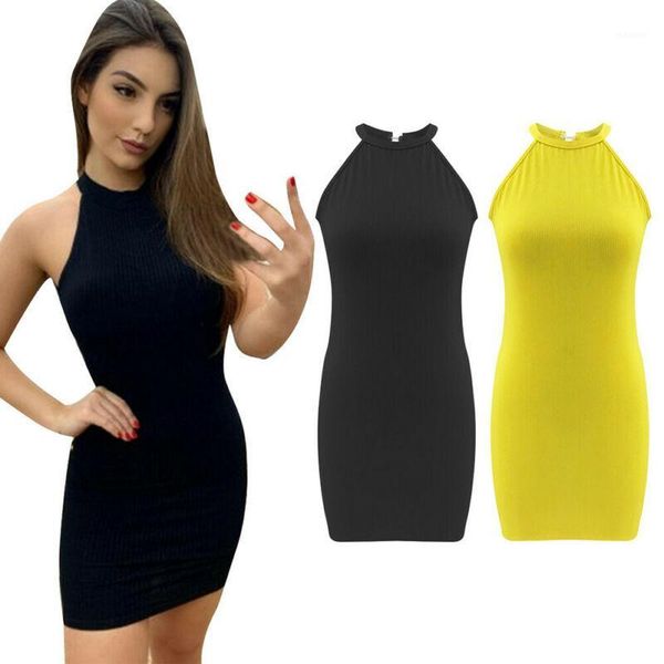 

2020 new womens dress summer pure halter neck sleeveless backless mini dress bodycon party veatidos1, Black;gray