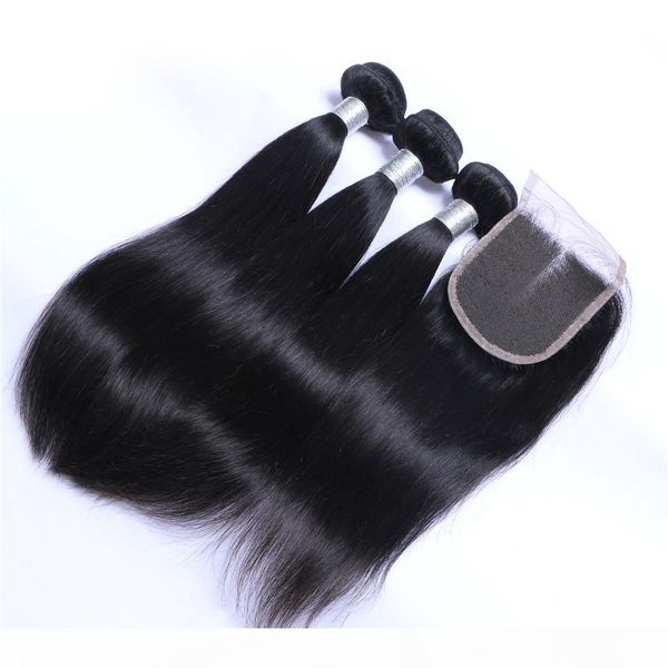 

8a brazilian straight hair weaves 3bundles with closure middle 3 part double weft human hair extensions dyeable 100g bundle, Black