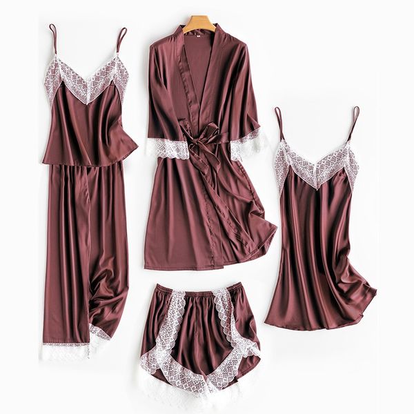 

satin female 5pcs robe set sleepwear casual kimono bathrobe gown nightgown nightwear intimate lingerie bridal wedding gift, Black;red