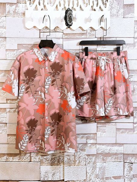 

men floral print shirt & drawstring waist shorts r2bq#, Gray