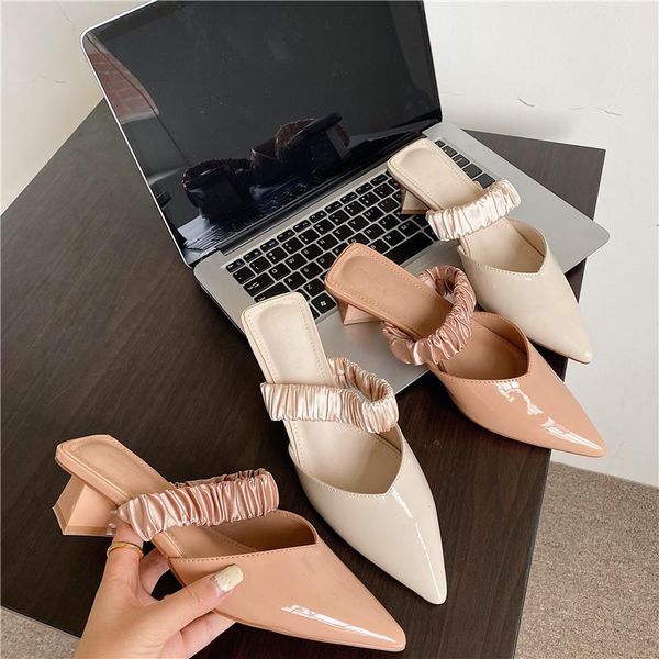 

med shoes woman's slippers low square heel pointed toe slides heeled mules 2021 block high autumn rome basic patent leather fabr, Black