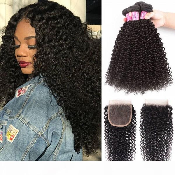 

tkwig hair series 4 bundles virgin hair kinky curly with 4x4 inch lace closure lace front invisible part, Black;brown