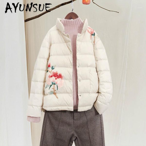 

winter coat women white duck down jacket women clothes 2020 vintage embroidery puffer jacket warm parka 19101201 yy20571, Black