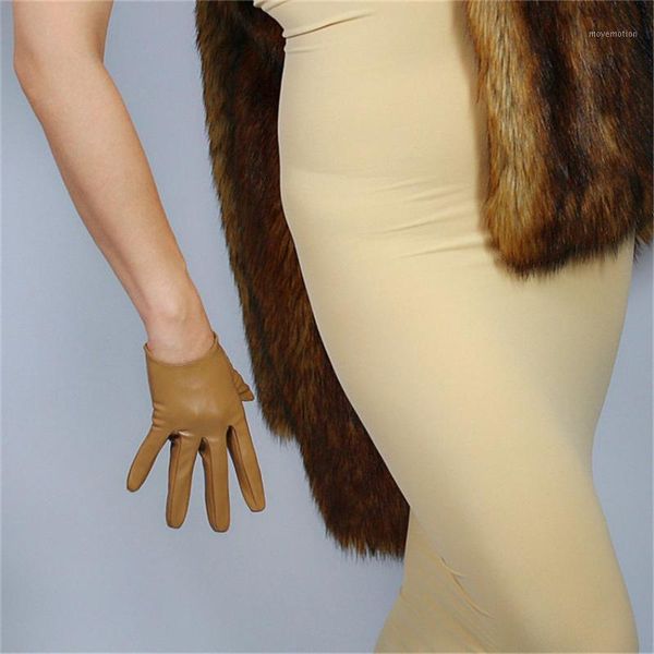 

16cm ultra-short leather gloves wrist simulation leather faux sheepskin khaki light brown rice camel color 3-puts161, Blue;gray