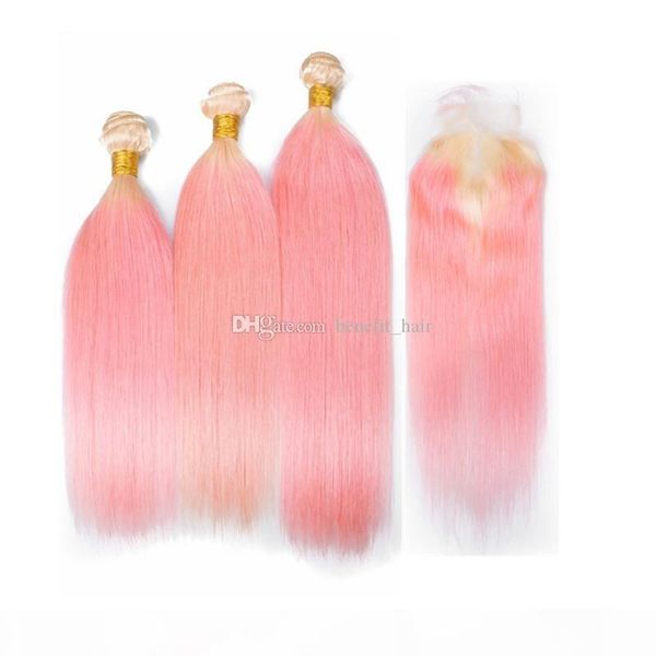 

ombre two color #613 blonde pink hair weft extension with lace closure pink silky straight 3 bundles virgin hair weaves with closure, Black;brown