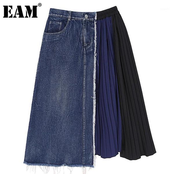 

eam] high elastic waist blue denim pleated temperament half-body skirt women fashion tide new spring autumn 2020 1da9641, Black