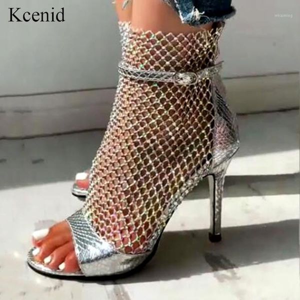 

boots kcenid shoes woman 2021 high heels sandals women bling rhinestone mesh ladies party peep toe zipper summer boots1, Black