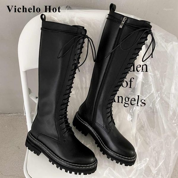 

boots vichelo motorcycle real cow leather sewing cross-tied coolest round toe thick med heel zip energy knee-high l801, Black