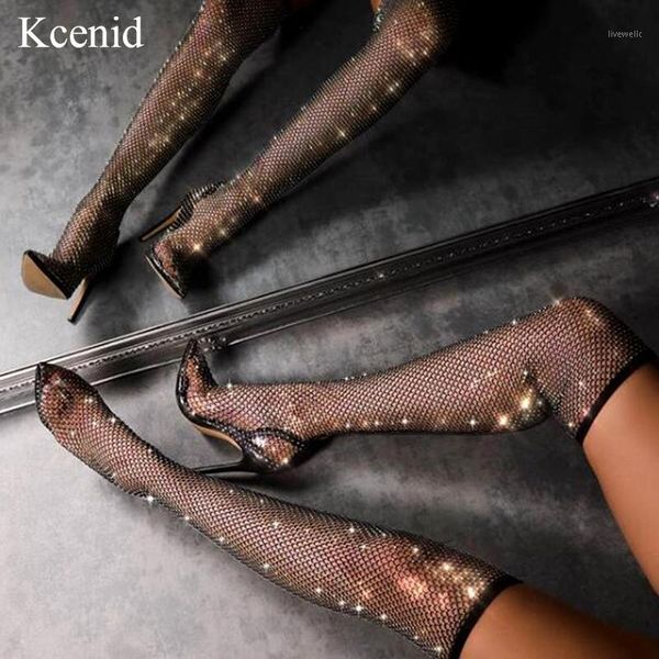 

boots kcenid bling over the knee stretch socks women pointed toe crystal mesh ladies shoes high heels summer boots1, Black