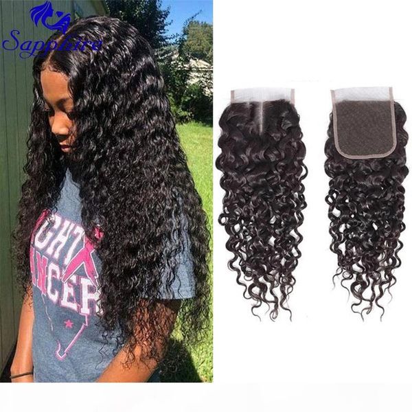 

water wave 4x4 lace closure with baby hair brazilian remy human hair closure part natural color 8inches 150 density, Black;brown