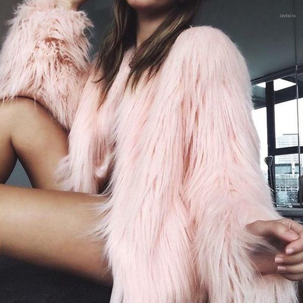 

2019 winter fake fur coat women faux fur coat pink jacket long sleeve fluffy outerwear warm furry jacket hairy overcoat1, Black
