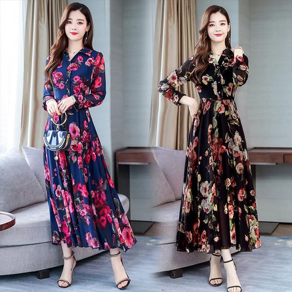 

2021 новое прибытие высокое качество элегантный цветок напечатанный поворот воротник длинный рукав женщина шифон длинное платье, Black;gray