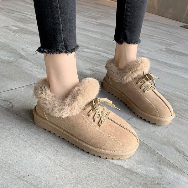 

fur snow boots women warm plush ankle boots lace up winter shoes flat round toe women short booties 2020 botas mujer, Black