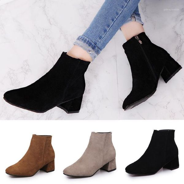 

boots women winter 2021 fashion pure color square toe zipper heels casual botas altas tacon mujer #y21, Black