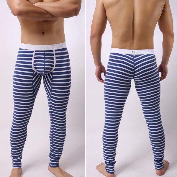 Herren Nachtwäsche Modemarke Cross Streifen Baumwollmann Sexy Beutelhosen Homosexuelle Thermalschlaf -Pyjama -Leggings 2024 Größe S M L12