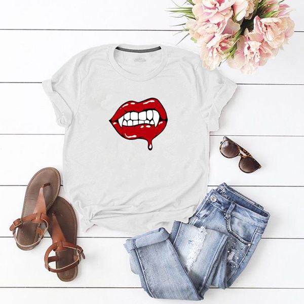 

lh20572 summer new style personality trend long lip print printing casual loose large size round neck trend short sleeve t-shirt, White
