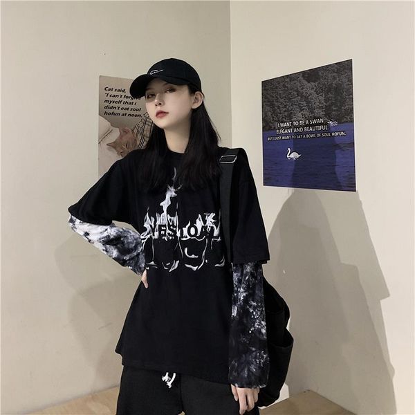

new hiphop fake two tie-dyed casual loose long-sleeve women tees oversized ulzzang harajuku japan streetwear t-shirt, White