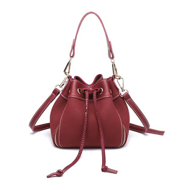 

women bucket shoulder crossbody drawstring bag removable adjustable strap solid color pu leather ladies handle bags a068