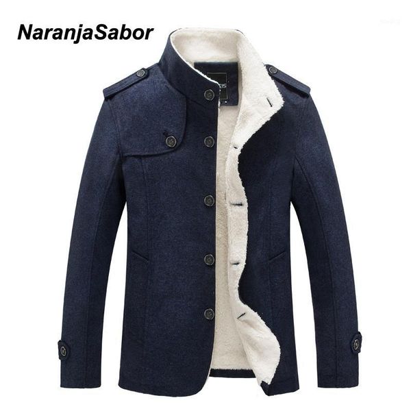 

naranjasabor winter men's coat fleece lined thick warm woolen coats autumn overcoat male wool blend jackets brand clothing n4841, Black