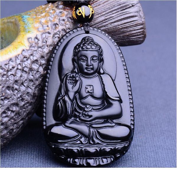 

natural stone black obsidian carved buddha lucky amulet pendant necklace fine jewelry for women men sweater chain penda jllbkk