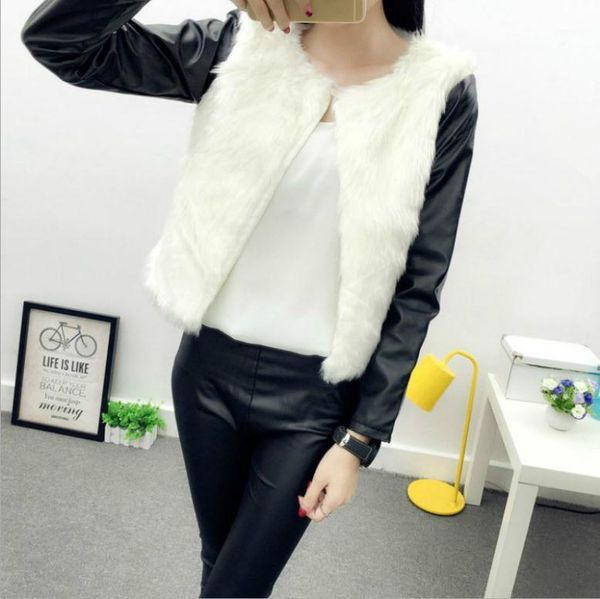 

women's short section winter autumn long sleeved lether and fur patchwork jakcets small fake fur coats femae j31721, Black