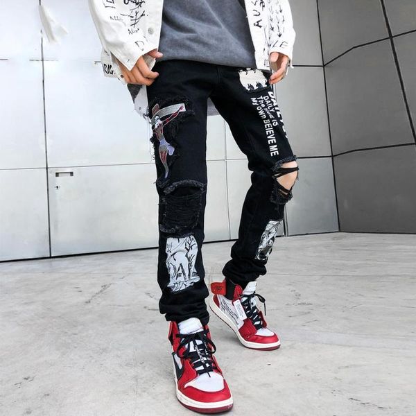 

aprilmomo hole patchwork graffiti pants men 2020 harajuku graffiti ink joggers men trousers streetwear denim jeans hip hop, Blue