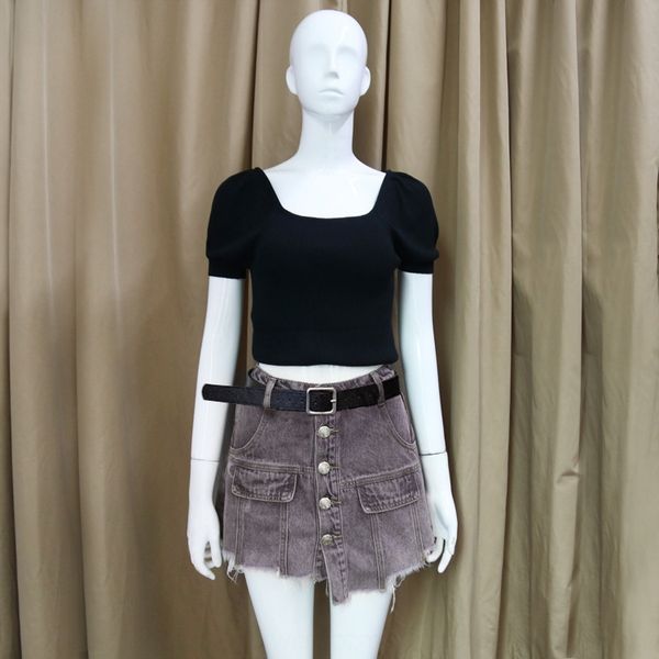 

2020 micro * ya new french black square neck bubble sleeve short and jeans lace up grey washed jeans woman x5bkp, Gray