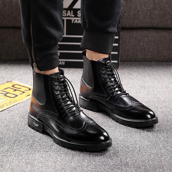 

england designer men luxury fashion party banquet brogue boots genuine leather bullock shoes youth platform ankle boot mans bota, Black