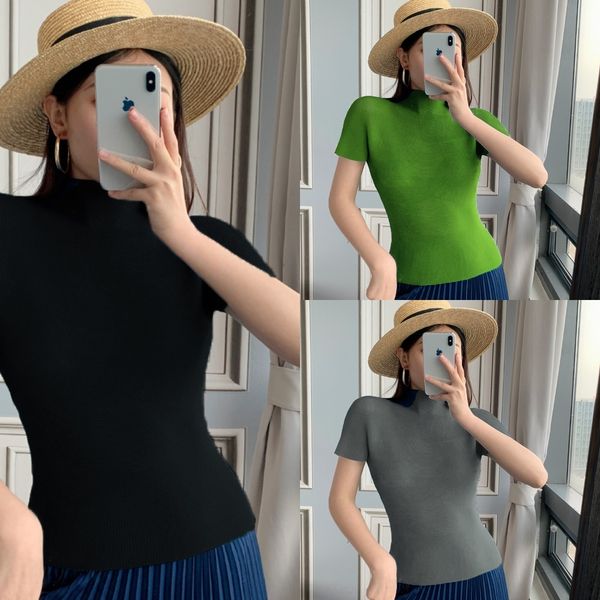 

18nrv miyake pleated short sleeve women's thigh light chiffon shirt summer women's new 2020 t-shirt thin collar lady uvafu, White