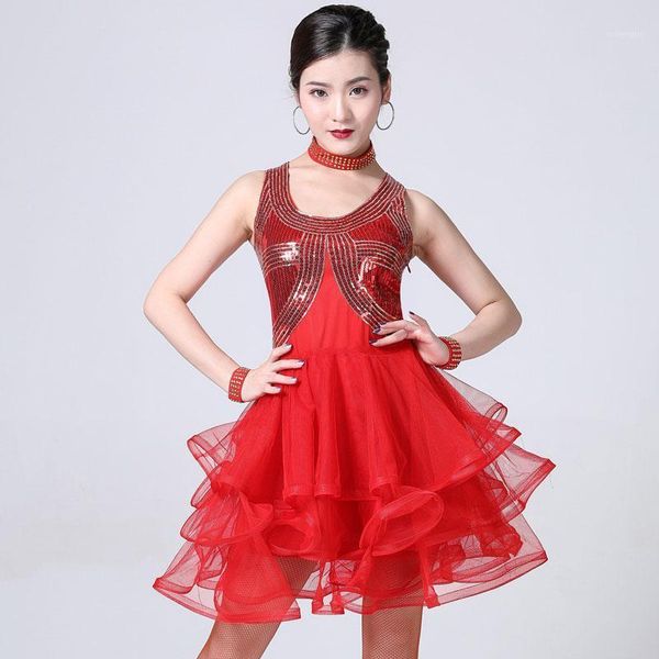 

latin dance dress competition stage performance sequin square modern dance mesh cha ballroom dancing costume1, Black;red