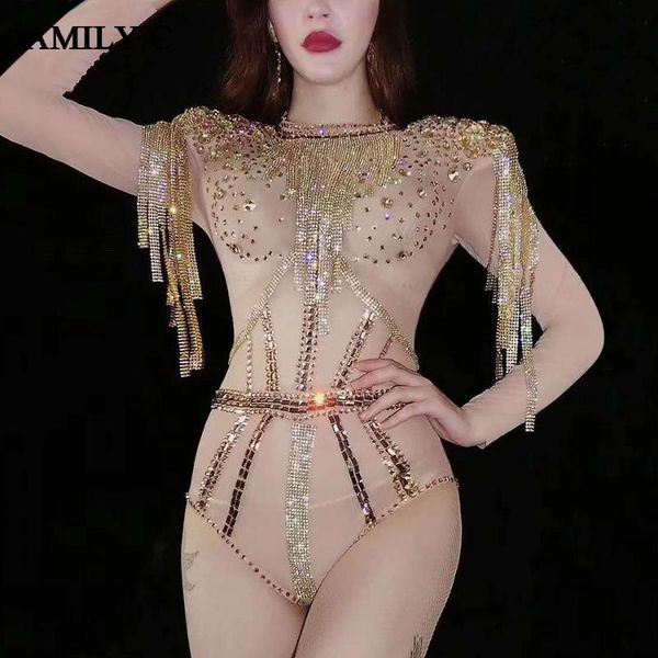 

amily.c women's tassel beaded long sleeve bodysuit transparent mesh rhinestone dancer birthday celebration tight bodysuit, Black;white