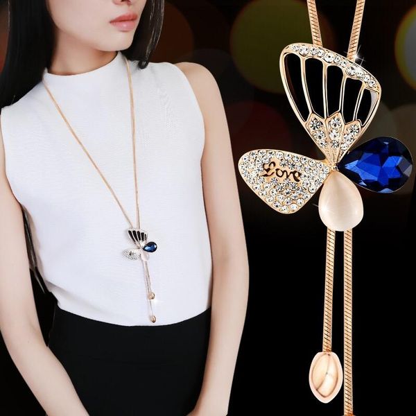 

byspt fashion joker blue gray crystal long waterdrop dress adornment necklace the female butterfly sweater chain, Golden;silver