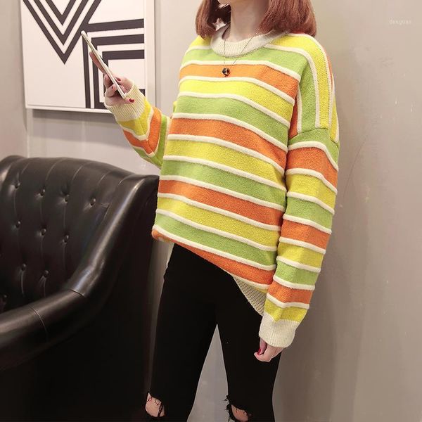 

4xl plus size ladies oversize sweater women autumn winter clothes 2019 pullover knitwear rainbow striped pullovers sweaters female1, White;black