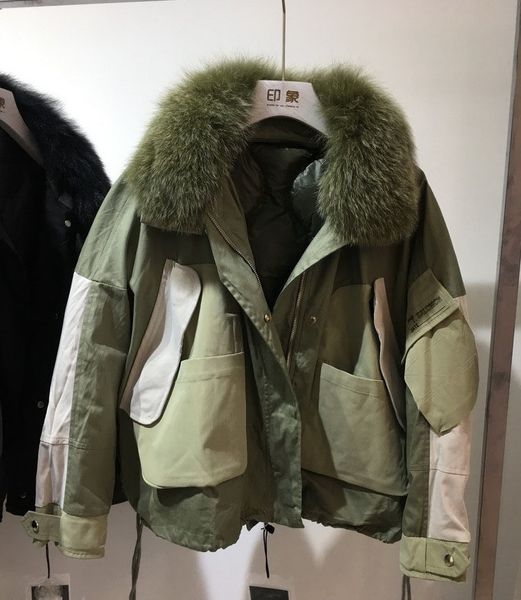 

real natural fox fur женщин зимняя куртка бомбардировщика припуск теплый пальто вниз ветровки пальто женское с капюшоном белая утка пуховик, Black